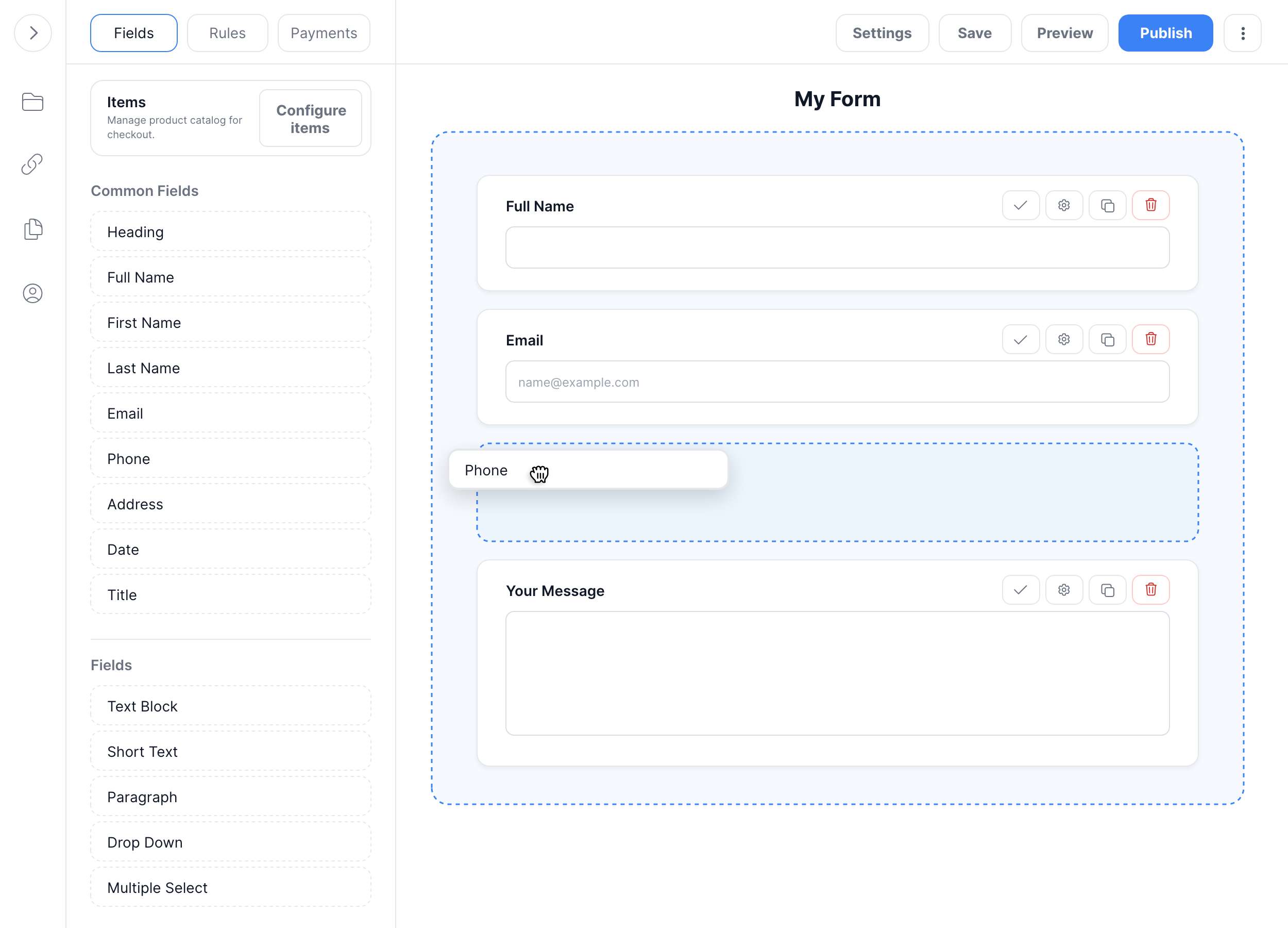 Screenshot of the Regform form builder, showing the drag-and-drop form creator with field options and a live preview.